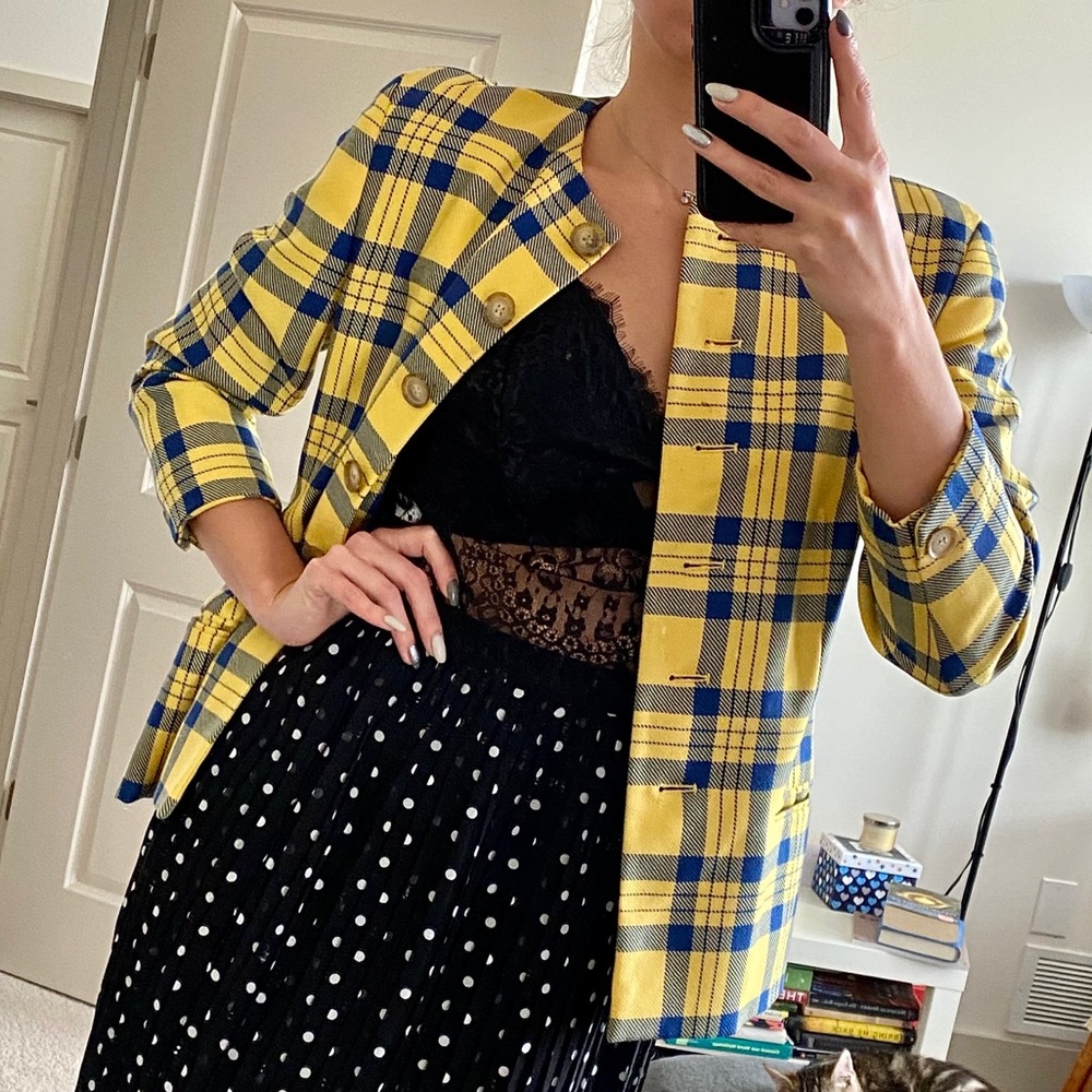 🍁Bright yellow Checkered Wool Jacket - Picture 1 of 13